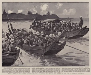 シーモア提督のレリーフコラムで、ジャンクの川を渡って中国のアーセナルを攻撃する